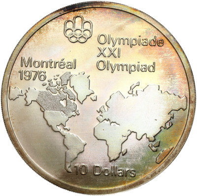 Kanada. 10 dolarów 1973 XXI Letnie I. O., Montreal 1976 Mapa świata SREBRO