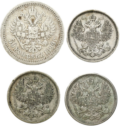 Rosja. 20 – 50 kopiejek 1860-1899, SREBRO – 4 szt