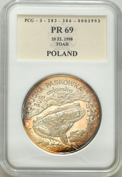20 złotych 1998 Ropucha Paskówka PCG PR70 - SREBRO