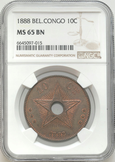 Kongo. 10 centymów 1888 NGC MS65 BN (2 MAX)