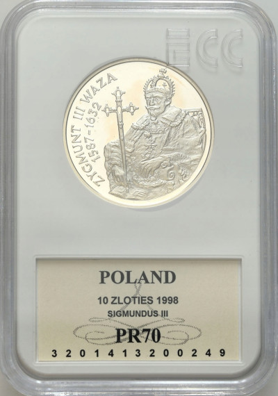 10 złotych 1998 Zygmunt III Waza półpostać - GCN PR70 - SREBRO