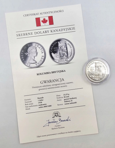 Kanada. 1 dolar 1958, Kolumbia Brytyjska – SREBRO