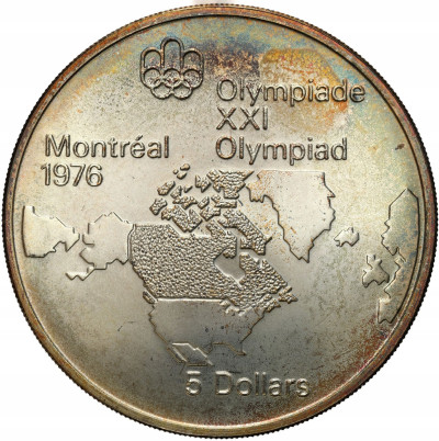 Kanada. 5 dolarów 1973, XXI Letnie IO Montreal 1976, Mapa Ameryki Pn SREBRO