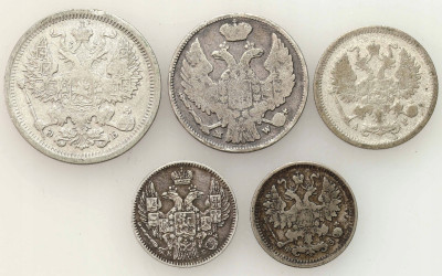 Polska/Rosja. 1 złoty 1838 i 5-20 kopiejek 1845-1907, SREBRO – 5 szt