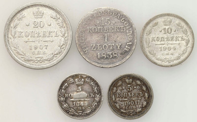 Polska/Rosja. 1 złoty 1838 i 5-20 kopiejek 1845-1907, SREBRO – 5 szt