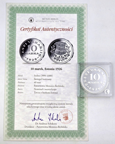 KOPIA/REPLIKA. Estonia. 10 marek 1926 – SREBRO