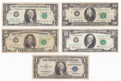 USA. Banknoty. 1-20 dolarów 1935-1974 – 5 sztuk