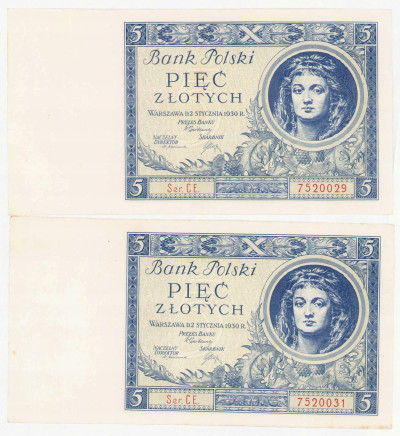 5 złotych 1930 seria CE. Zestaw 2 sztuki