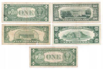 USA. Banknoty. 1-20 dolarów 1935-1974 – 5 sztuk
