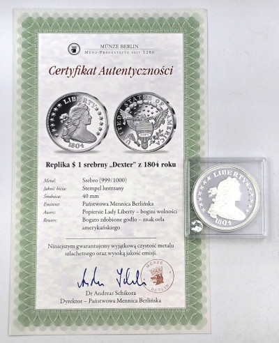 KOPIA/REPLIKA. USA. 1 Dolar 1804 Dexter – SREBRO