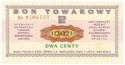 Bank PEKAO S.A. Bon na 2 centy 1969 seria Eo