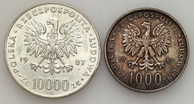 PRL. 1.000 i 10.000 złotych 1982-1987 Jan Paweł II, SREBRO – 2 szt