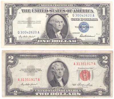 USA. 1 dolar 1957 i 2 dolary 1953 ,G niebieski, B, czerwony – 2 szt