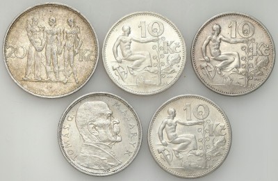 Czechosłowacja. 10-20 koron 1928-1933, SREBRO – 5 szt