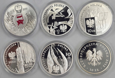 10 złotych 2010-2012 - zestaw 6 sztuk - różne - SREBRO
