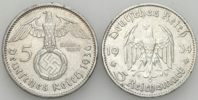 Niemcy. 5 marek 1934 i 1936, Berlin, Hamburg, SREBRO – 2 szt
