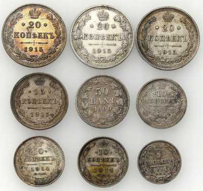 Rosja, Rumunia. 5-20 kopiejek 1845-1915 i 50 bani 1900, SREBRO – 9 szt