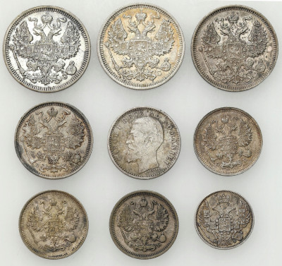 Rosja, Rumunia. 5-20 kopiejek 1845-1915 i 50 bani 1900, SREBRO – 9 szt