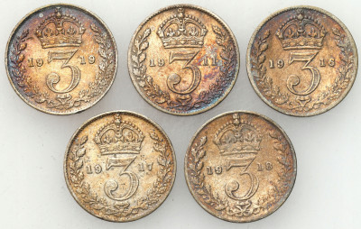 Wielka Brytania. 3 pensy 1911-1919, SREBRO – 5 szt