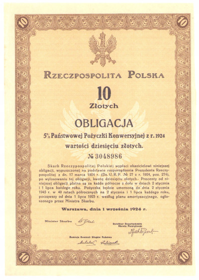 Obligacja 5 % Państwowej Pożyczki Konwersyjnej 10 złotych 1924