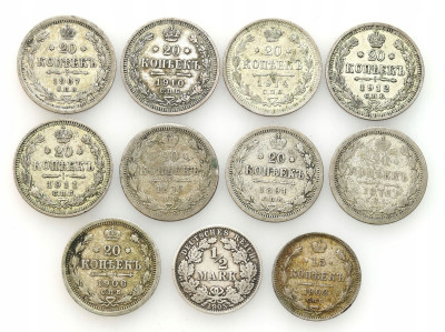 Rosja, Niemcy. 15-20 kopiejek 1876-1914, 1/2 marki 1905, SREBRO – 11 szt