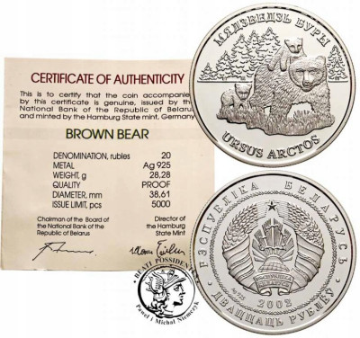 Białoruś 20 rubli 2002 Niedźwiedź brunatny