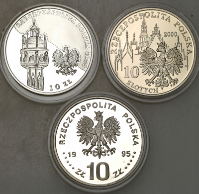 III RP. 10 złotych 1995-2005, zestaw 3 sztuk - SREBRO