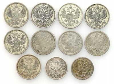 Rosja, Niemcy. 15-20 kopiejek 1876-1914, 1/2 marki 1905, SREBRO – 11 szt