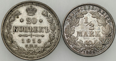 Niemcy/Rosja. 1/2 marki 1906 i 20 kopiejek 1913 BC, SREBRO – 2 szt