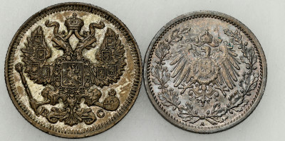 Niemcy/Rosja. 1/2 marki 1906 i 20 kopiejek 1913 BC, SREBRO – 2 szt