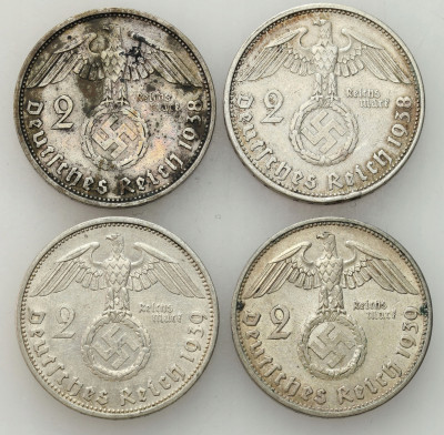 Niemcy, III Rzesza. 2 marki 1938-1939 Hindenburg, SREBRO - 4 szt