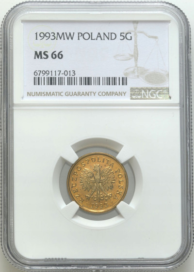 III RP. 5 groszy 1993 NGC MS66 – PIĘKNE