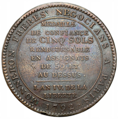 Francja. Medal o wartości 5 sols 1792 – Konstytucja Francuska