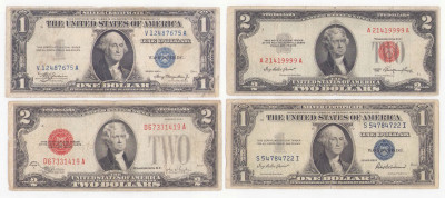 USA. 1-2 dolary 1928-1953 niebieska i czerwona pieczęć – 4 szt
