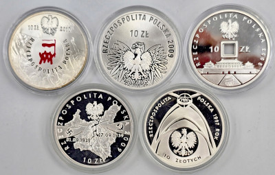 III RP - 10 złotych 1997 - 2010 - zestaw 5 sztuk - SREBRO