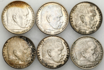 Niemcy. 2 marki 1937-1939 Hindenburg, SREBRO – 6 szt