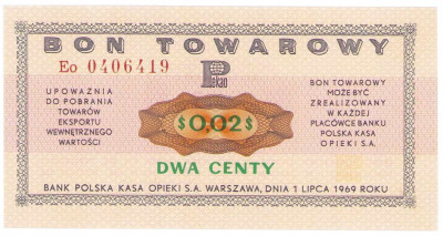 Bank PEKAO S.A. Bon na 2 centy 1969 seria Eo