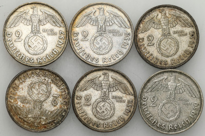 Niemcy. 2 marki 1937-1939 Hindenburg, SREBRO – 6 szt