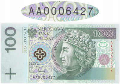 Banknot 100 złotych 1994 - rzadka seria AA - niski numer 0006427