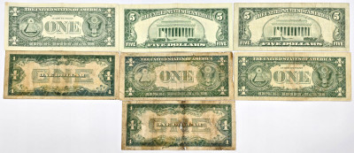USA. 1-5 dolarów 1928-1974 NIEBIESKA i ZIELONA PIECZĘĆ – 7 szt