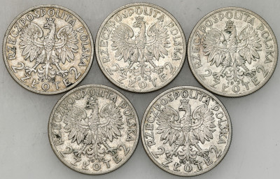 II RP. 2 złote 1932-1932 Głowa Kobiety, SREBRO – 5 szt