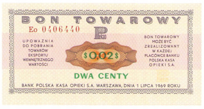 Bank PEKAO S.A. Bon na 2 centy 1969 seria Eo