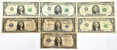 USA. 1-5 dolarów 1928-1974 NIEBIESKA i ZIELONA PIECZĘĆ – 7 szt