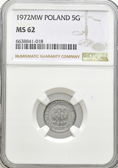 PRL. 5 groszy 1972 aluminium NGC MS62 – PIĘKNE