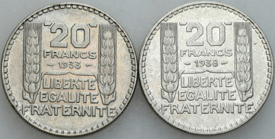 Francja. 20 franków 1933 i 1938 Paryż, SREBRO – 2 szt
