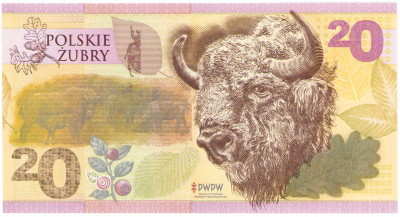PWPW. Banknot testowy. 20 złotych 2019, Polskie Żubry – seria FO