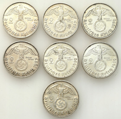 Niemcy. 2 marki 1937 i 1939 Hindenburg, SREBRO – 7 szt