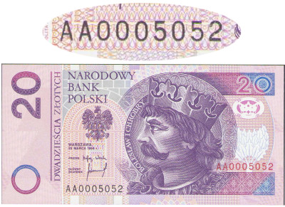 Banknot 20 złotych 1994 - rzadka seria AA - NISKI NUMER AA0005052