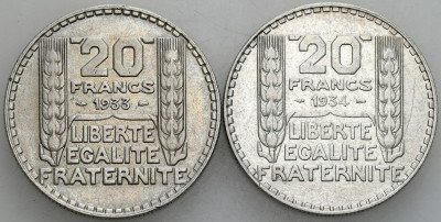 Francja. 20 franków 1933 – 1934 Paryż, SREBRO – 2 szt