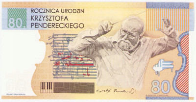 Banknot testowy PWPW K. Penderecki, 80 rocznica urodzin – SERIA KP0003601